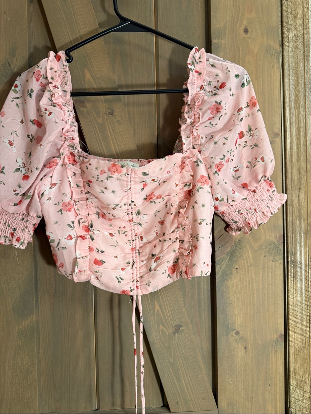 Pink Floral Square-Neck Puff-Sleeve Crop Top